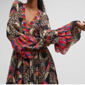 Farm Rio Touscan Leopard Mixed Animal  Print Balloon Sleeves Maxi Dress XL (b30)